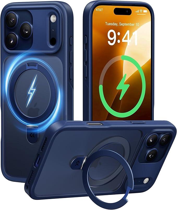 MagicStand Pro iPhone 17 Pro (6.3”) Case, 360°, Magnet, MagSafe, MIL-SPEC, Shockproof, Anti-Fingerprint/Yellow, Matte, Translucent, Lens Protect, Wireless Charge, Strap Hole (Deep Blue)