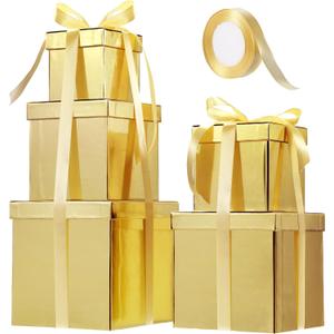 Cholemy 5 Pcs Square Nesting Boxes Decorative Gift Boxes with Lid and Ribbon Assorted Sizes Wrap for Valentines Day, Engagement, Anniversary, Birthday, Bridal Shower Party Gifts(Shiny Gold)