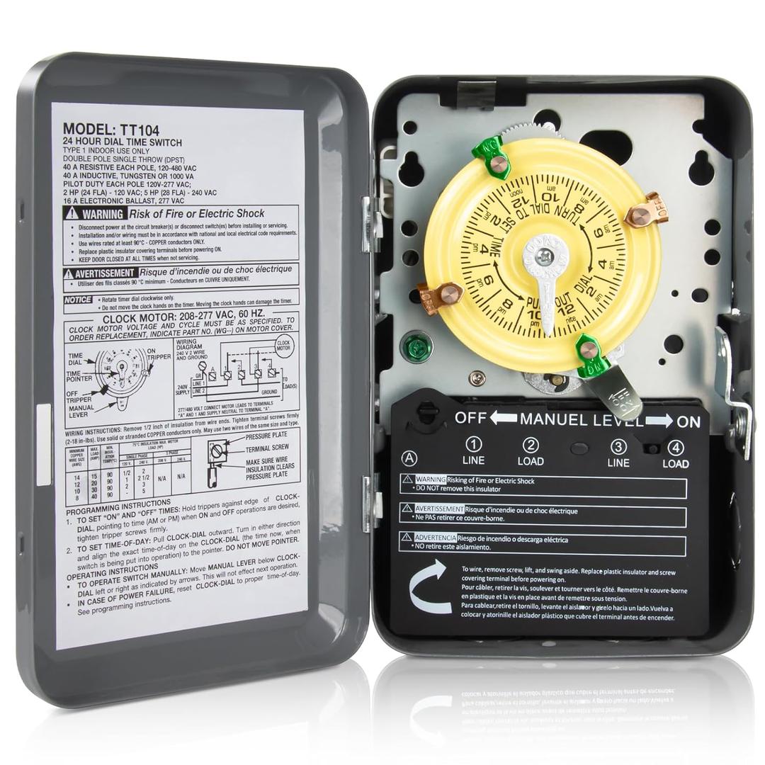 T104 Electromechanical Timer Switch for Lights, Fans, HVAC, 208-277 VAC 40A DPST, 5HP, 12 ON/Off Cycles, Tripper Included  Heavy Duty Pool Timer