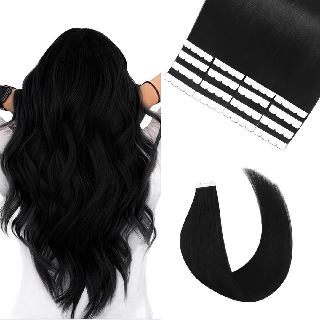 Vlasy Tape in Hair Extensions Human Hair 12 Inch 16pcs Invisible Tape in Extensions Remy Human Hair Straight Seamless Mini Tape ins Hair Extensions Real Human Hair (1# Black)