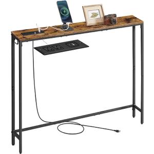 VASAGLE Console Table with Power Outlet, Slim Behind Couch Sofa Table, 5.9 x 39.4 x 31.5 Inches, 1 Hook, Easy Assembly, for Entryway, Living Room, Rustic Brown and Ink Black ULNT079K01
