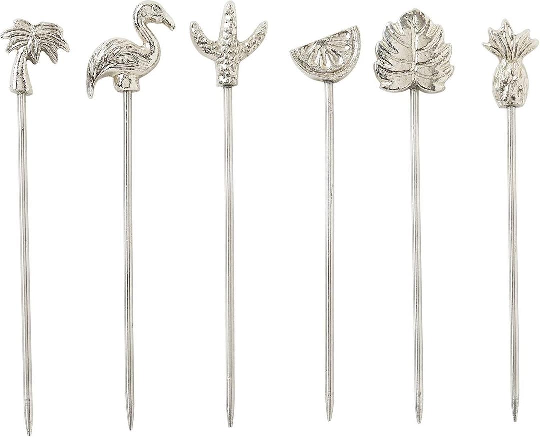 Folkulture Cocktail Picks | Set of 6 (4") Martini Picks for Christmas Gifts for Men | Stainless Steel Reusable Toothpicks for Drinks or Bloody Mary Skewers | Garnish Sticks, Olives or Fruits, Nickel (Silver)