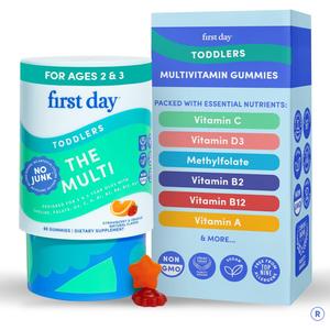 FIRST DAY Toddler Multivitamin Gummies (Ages 2-3)| Kids Multivitamin Gummies with Vitamins A C D3, B2, B12, Choline, Folate and 21 Organic Superfoods| (30 Day Supply) (Best By: 07/2026)