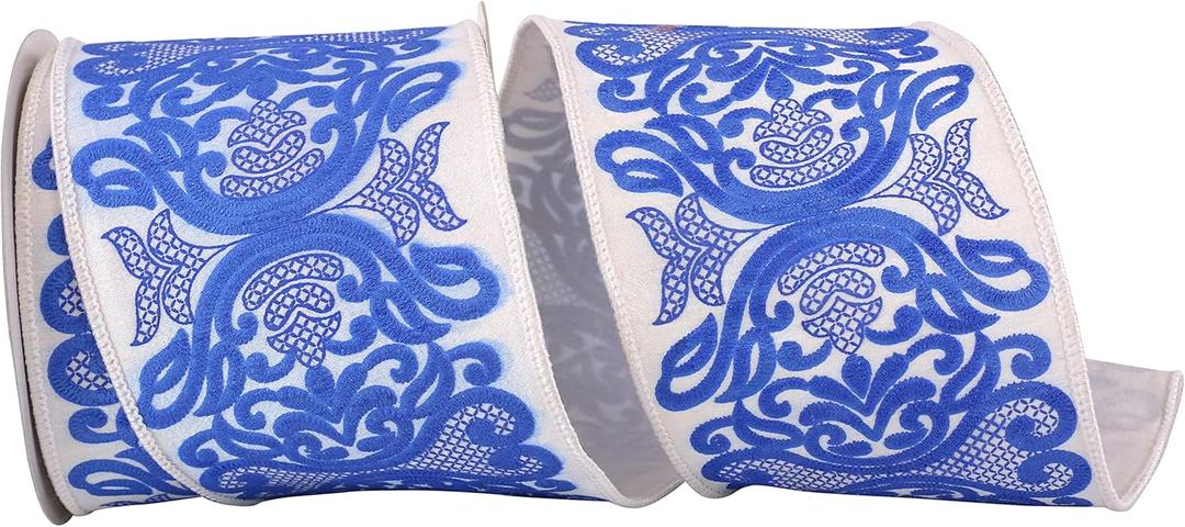 Reliant Ribbon 93861W-685-10F Regal Filigree Printed Dupioni Wired Edge Ribbon, 4 Inch X 10 Yards, White/Blue