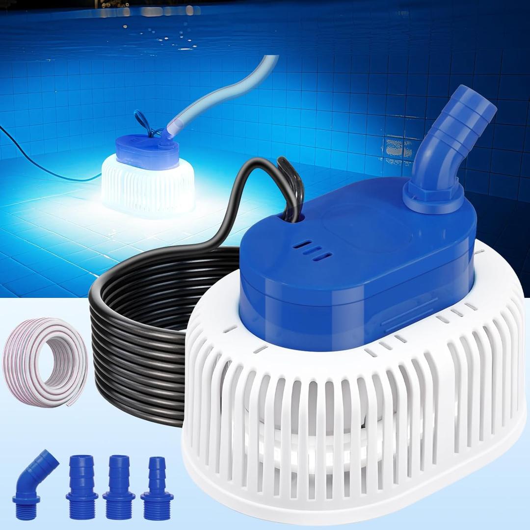 Pool Cover Pump with Lights, Above Ground Sump Pump Submersible, Sump Pumps for Pool Draining, Water Removal Pumps with 16ft Drainage Hose & 25 ft Extra Long Power Cord,850 GPH,4 Adapters-Navy Blue