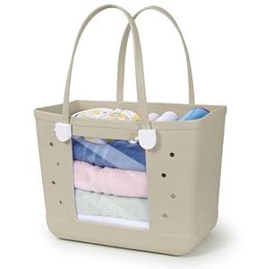 Lightweight Rubber Beach Bag XL Transparent Window Travel Tote Bags (Almond Birch)