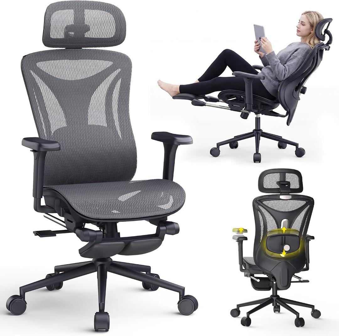 CYKOV Ergonomic Office Chair with Footrest - Adjustable Lumbar Support & Headrest, 90-160° Reclining Mesh Back Computer Chair - Home Office/Gaming, 350lbs Capacity (SGS Certified) (B-Grey, Mesh), 20 inches x 22 inches x 40 inches
