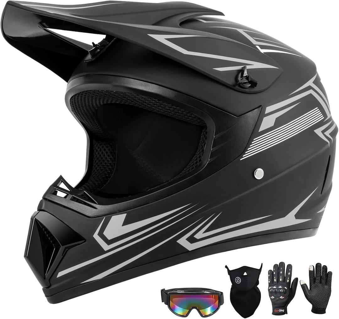 Youth Kids Dirt Bike Motocross Helmet (Goggles Gloves Face Mask) 4PCS Set, DOT Approved Boys Full Face Motorcycle Helmets, ATV BMX MX Mountain Bike Off Road Kid Helmet (Gray, M)