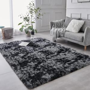 TABAYON Indoor Modern Soft 7x10 Shag Area Rugs, Non-Slip Plush Nursery Accent Area Rug, Furry Faux Fur Shaggy Carpet for Living Room Home Decor Tie-Dyed Dark Grey
