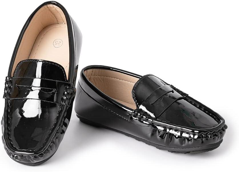 Miamooi Toddler Boys Girls Wedding Dress Shoes Little Kid Slip On Loafers School Uniform Moccasins Walking Shoe (A01/Black-patent Leather)