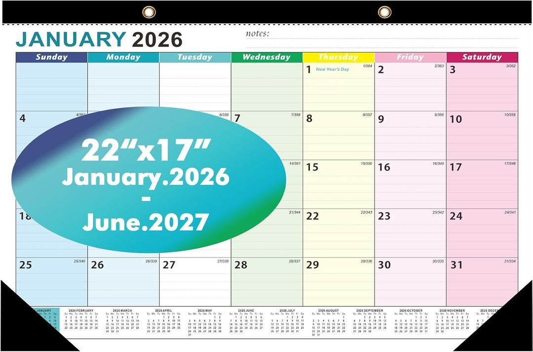 ZTX Desk Calendar 2026 Calendar Wall Calendars 2026-2027-18 Month Planner Extra Large 22"x17" Jan. 2026-Jun.2027 Clear Plastic Cover for Home Office School Colorful
