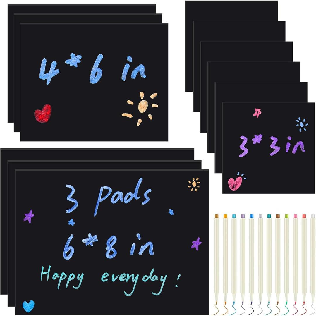 12 Packs Black Sticky Notes Kit Include 3"x3", 4"x6", 6"x8" Inch Black Notes Total 855 Sheets and 12 Pcs Colored Metallic Pens Self Stick Cute Sticky Pads for Office Home School Supplies