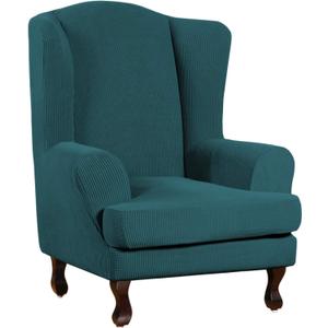 Turquoize Wingback Chair Covers 2 Piece Wing Chair Slipcover Stretch Slipcovers for Wingback Chairs Wing Chair Cover Spandex Jacquard Fabric with Elastic Bottom Non-Slip Furniture Cover, Deep Teal