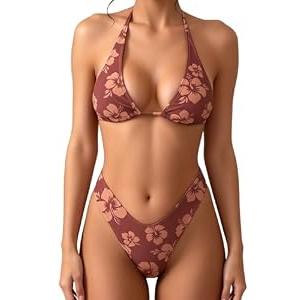 MakeMeChic Women's Polka Dots Triangle Thong Bikini Sets Floral Cute Bathing Suit Swimsuits Floral Print Brown Small