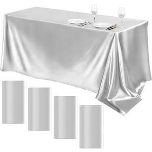 TURSTIN 4 Packs Silver Satin Tablecloth 102 x 58 Inch Overlay Satin Table Cover Rectangle Bright Silk Tablecloth Smooth Fabric Table Decoration for Wedding Banquet Party Events