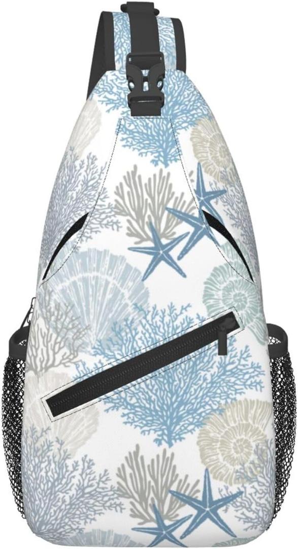 Abstract Marine Theme Crossbody Sling Bag for Women Men Nautical Coastal Starfish Seashell Mollusk Coral Sling Backpack Casual Shoulder Bag Cute Hand Drawn Underwater Plants Hiking Daypack (Blue Grey)