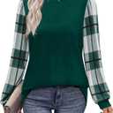 WIHOLL Women’s Plaid Sleeve Tunic Top, Dark Green - XL