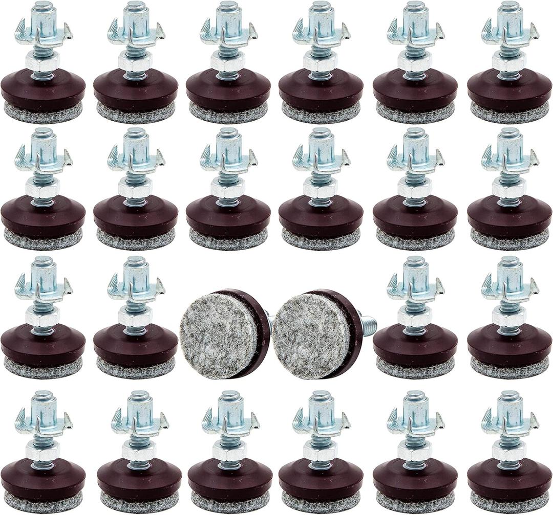 24 Pack Adjustable Furniture Leveling Feet, 1/4-20 Threaded Stem, Integrated Felt Pads for Hardwood Floors, Fit Table Chair Cabinet Sofa Legs, Brown Base with Gray Felt