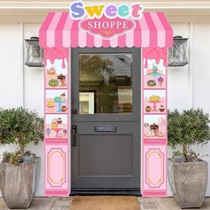 Lofaris 3 Pieces Pink Cute Sweet Shop Banner, Donut Cake Candy Shop Party Decorations, Kids Party Welcome Door Banners Set, Candy Theme Party Supplies for Birthday and Events