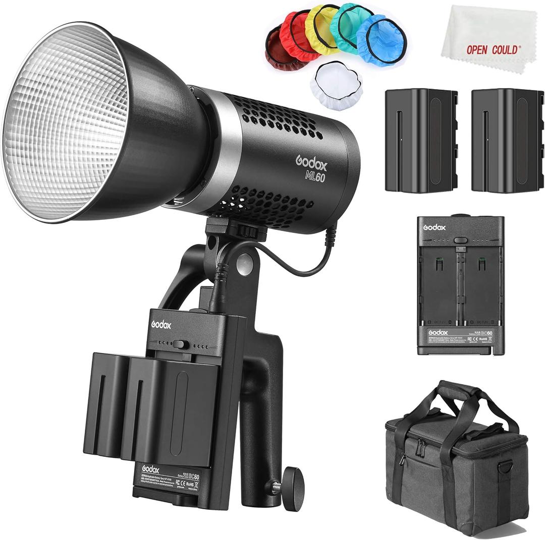 Godox ML60 60W LED Light Silent Mode Portable Brightness Adjustment Support Li-ion with 2X NP970 Battery and Carry Bag for Outdoor Photography