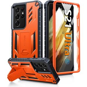 FNTCASE for Samsung Galaxy S21-Ultra Case: Military Grade Rugged Cell Phone Cover with Kickstand | Shockproof TPU Protection Bumper Matte Textured Design for Samsung S21 Ultra Cases 6.8 inches(Orange)