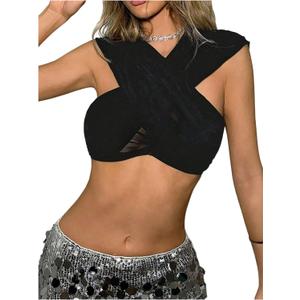 SHENHE Women's Sexy Criss Cross Hooded Crop Tank Top Sleeveless Fitted Party Rave Outfits Top (Black), X Small
