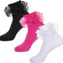 3 Pack Big Ruffle Ankle Socks Woman, Double Lace Turn Cuff Cotton Frilly Dress Short Socks for Women Ladies