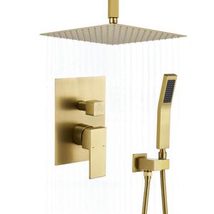 Shower Faucet Set Brushed Gold Shower System,RomceBath Shower Pressured Balance Brass Valve and Trim Kit 10 Inch Shower Head and Bath Handle Combo set Ceiling Mount Tub Shower Faucets Sets Complete