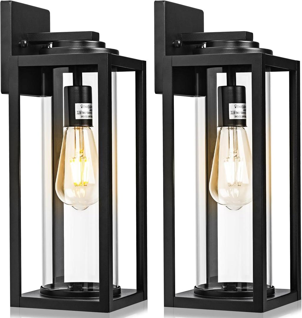 FILIYANO 20inch Large Outdoor Wall Lights - 2 Packs Modern Black Exterior Light Fixture with Clear Glass Shade, Waterproof Porch Lighting for House, Farmhouse Sconces Lantern for Front Door, Garage