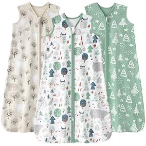 FIEMOL Baby Sleep Sack 6-12 months, 100% Cotton Sleeping Sack for Newborn and Infant, 3 Pack Baby Wearable Blanket for Boy and Girl, 0.5 Tog Lightweight Double Zipper Sleep Bag Green Apricot Bear