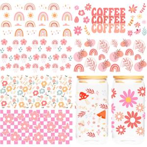 UV DTF Cup Wraps Sticker - 8 Sheet Flower UV DTF Transfer for 16 oz Glass, Tumbler, Boho, Flower, Daisy, Rainbow, Mushroom Design, Waterproof Rub on Transfer, Creative DIY Craft