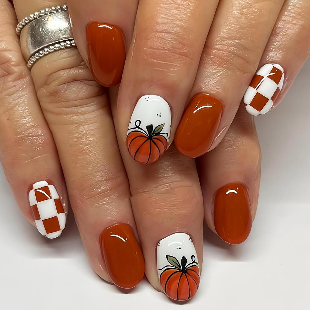2 x Fall Press On Nails Short Square, Thanksgiving Fake Nails Autumn Pumpkin Plaid Designs, Stick Glue On Nails Fall Thanksgiving Nail Accessories for Women Girls 24Pcs (Normal)