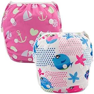 ALVABABY Swim Diaper Large Size Baby Swim Diapers 2pcs Reusable Washable Adjustable for Swimming Lesson Baby Toddler Girls 0-3T Fish Sailboat ZSW09-10-DA