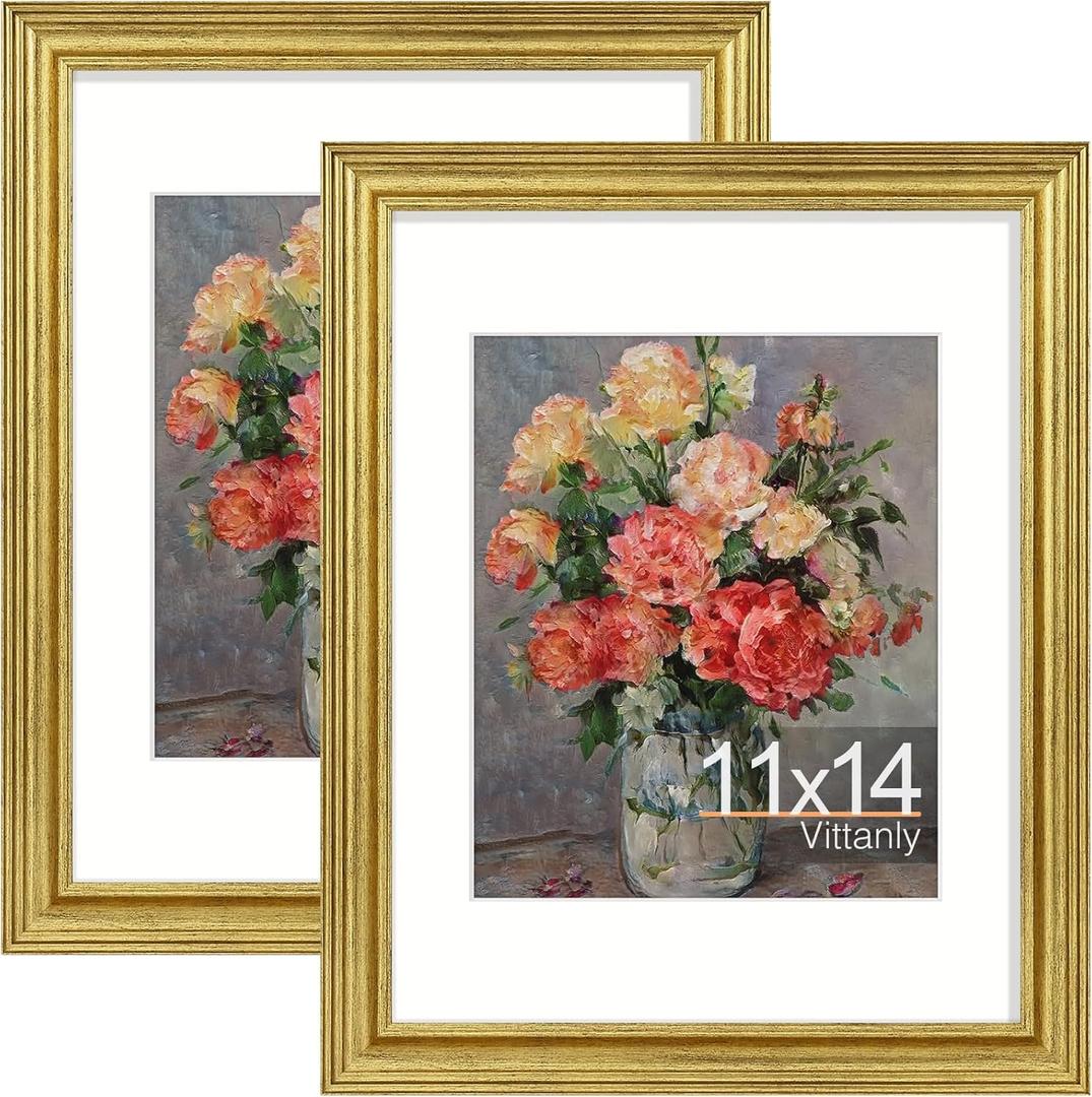 Vittanly 11x14 Picture Frames Set of 2, Ornate Vintage Photo Frame for Wall Mount, Display 8x10 Pictures with Mat or 11x14 without Mat, Rustic Gold