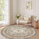 6ft Round Vintage Living Room Area Rug - 6x6 Large Soft Washable Oriental Traditional Distressed Farmhouse Rugs for Bedroom - Indoor Floor Accent Carpet for Home Office House Decor - Beige