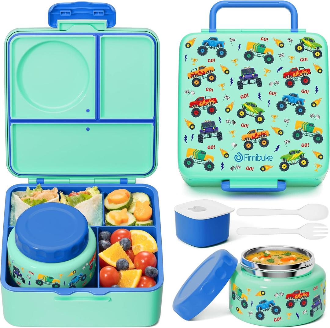 Fimibuke Bento Box for Kids Adult, BPA Free & Leakproof Toddler Lunch Box with 8.5oz Insulated Food Jar, Utensils & Sauce Jar, Dishwasher Safe 3 or 4 Compartment Container for School Girl Boy (A11. Monster Trucks)