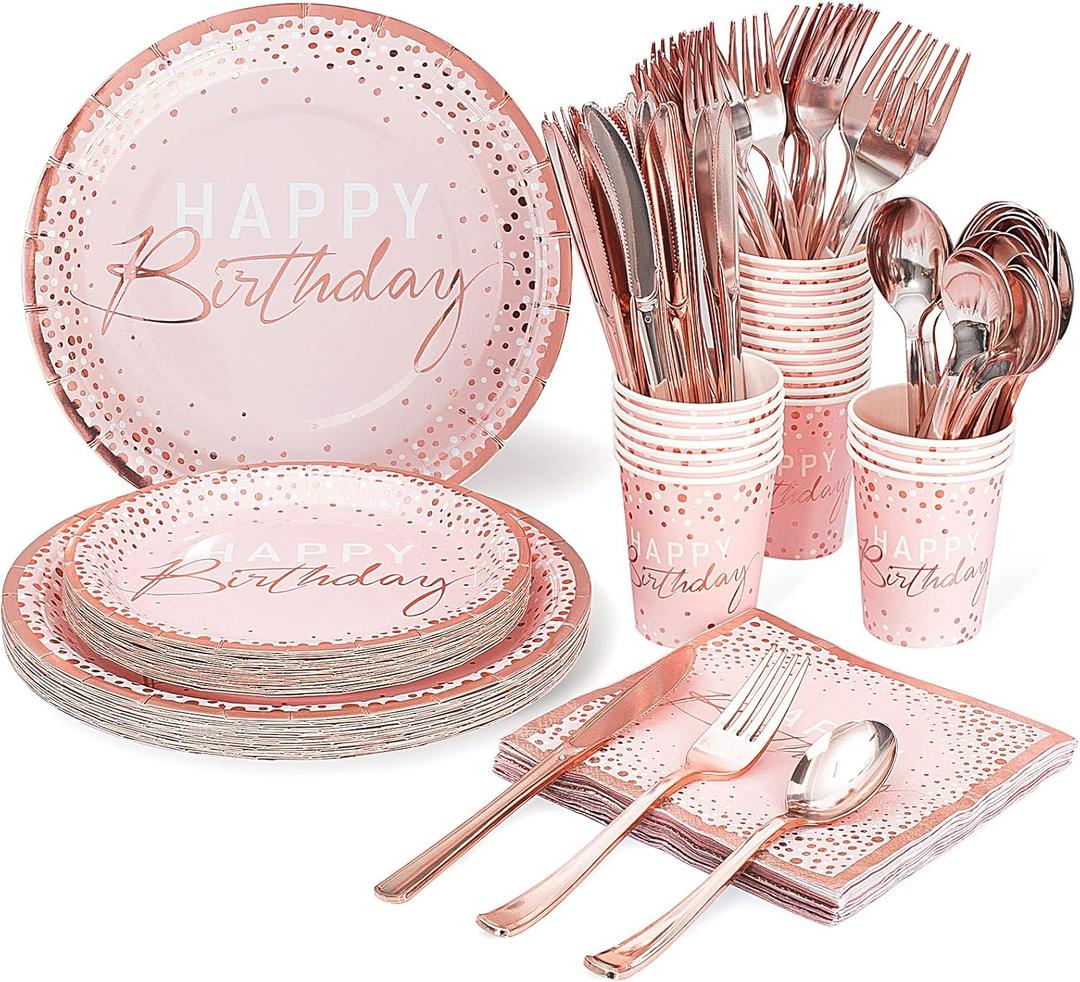 175PCS Happy Birthday Plates and Napkins Party Supplies, Paper Pink and Rose Gold Plastic Forks Knives Spoons Serve 25 Guests for Girl Women