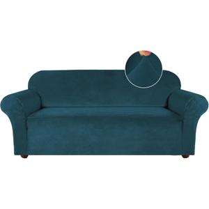 Turquoize Velvet Couch Covers Sofa Covers for 3 Cushion Couch Stretch Sofa Slipcovers with Non Slip Elastic Bottom Furniture Protector for Pets Crafted from Soft Thick Velvet Fabric (Sofa, Deep Teal)