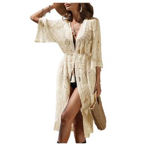 OYOANGLE Women's Floral Embroidery See Through Mesh Kimono Tassel Tie Front Swimsuit Coverup Tops Apricot One-Size (Beige)