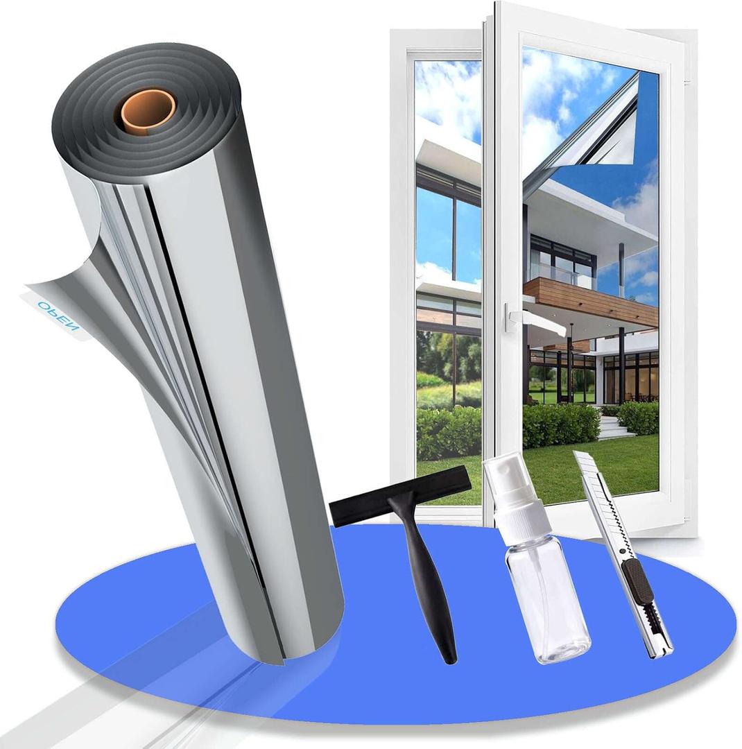 One Way Privacy Window Film Reflective Solar Control Window Film Heat Control Mirror Window Tint for Home Heat Blocking Daytime Privacy See Out Not in, Black Silver, 35.4Inch X 157.4 Inch