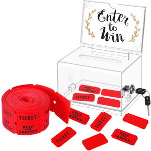 Havawish Enter to Win Raffle Ticket Box with 500 Raffle Ticket Double Roll and Slot Clear Acrylic Donation Box with Lock 6.3" x 4.7" x 3.9" Ballot Holder with 2 Keys for Game Suggestion(Red)