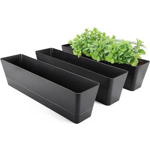 GREANER Window Boxes Planters, 3PCS 16x3.8 Inch Black Rectangle Planters Box with Drainage Holes and Trays, Herb Succulents Flowers Plastic Pot for Windowsill, Garden, Balcony, Indoor, Outdoor Decor