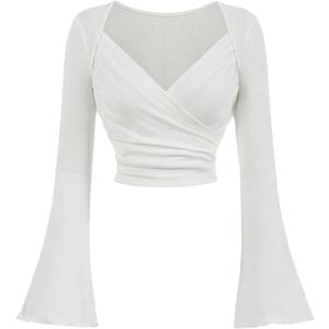 Floerns Women's Wrap Sweetheart Neck Bell Sleeve T Shirts Ruched Rib Knit Crop Tops (Large)