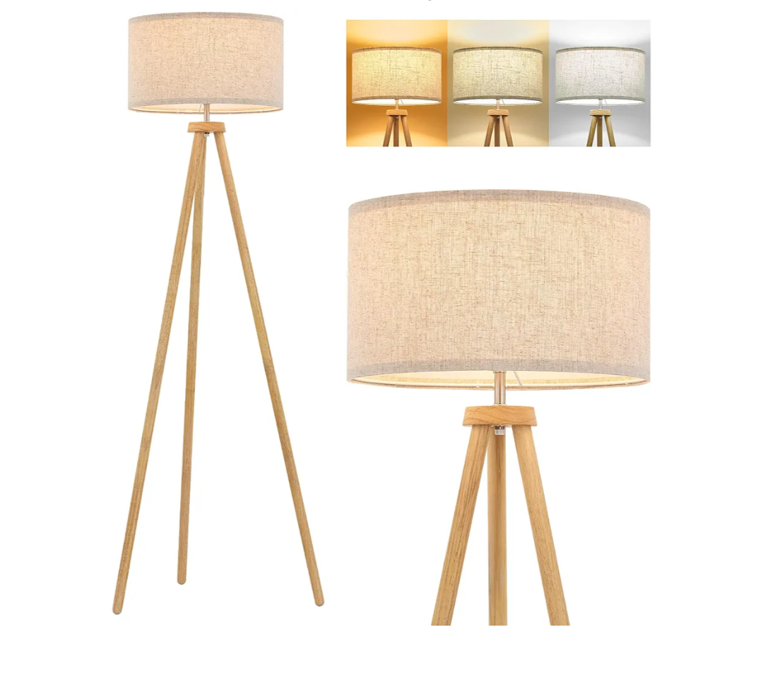 ELYONA Wood Tripod Floor Lamp for Living Room, Nordic Standing lamp with 3 Color Temperatures LED Bulb Included & Beige Linen Shade, Footswitch, Tall lamp for Bedroom, Office, Study Room, Natural Wood