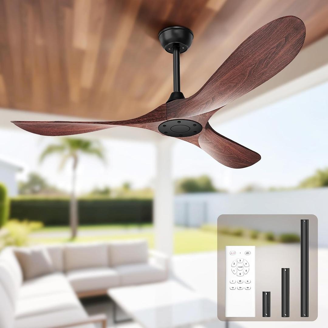 Obabala 52 Inch Ceiling Fan Without Lights, Walnut Finish | Outdoor Ceiling Fan with Remote, 6-Speed Adjustable Reversible DC Motor for Patio & Living Room