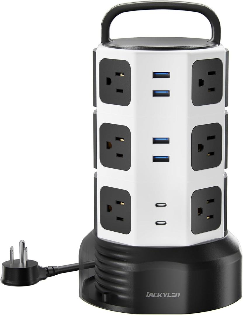 Power Strip Tower Surge Protector, JACKYLED 12 Outlets 6 USB (2 USB C) Charging Station, Extension Cord with Multiple Outlets, 1050J 1625W/13A Outlet Extender 6.5ft Extension Cord for Home Office, Medium-6.5ft, White Black