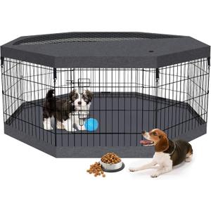 Foldable Metal Wire Dog Pen Pet Playpen Dog Fence Indoor Exercise Pen Enclosure Indoor Outdoor with Bottom Pad and Top Cover (Black 24 top Bottom Cover)