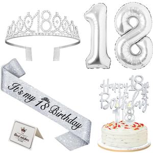 18th Birthday Decorations for Girls Silver with 18th Birthday Sash and Tiara, Cake Topper and Candles, Silver Number Balloons, 18 Year Old Gifts for Girls