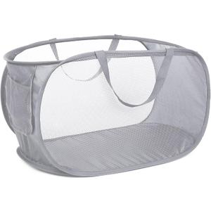 Durable Collapsible Laundry Baskets, Mesh Pop Up Laundry Hamper with Side Pocket, Foldable Clothes Storage Hamper with Reinforced Carry Handles for Laundry, Bathroom, Kids Room, Dorm or Travel Grey (Gray)