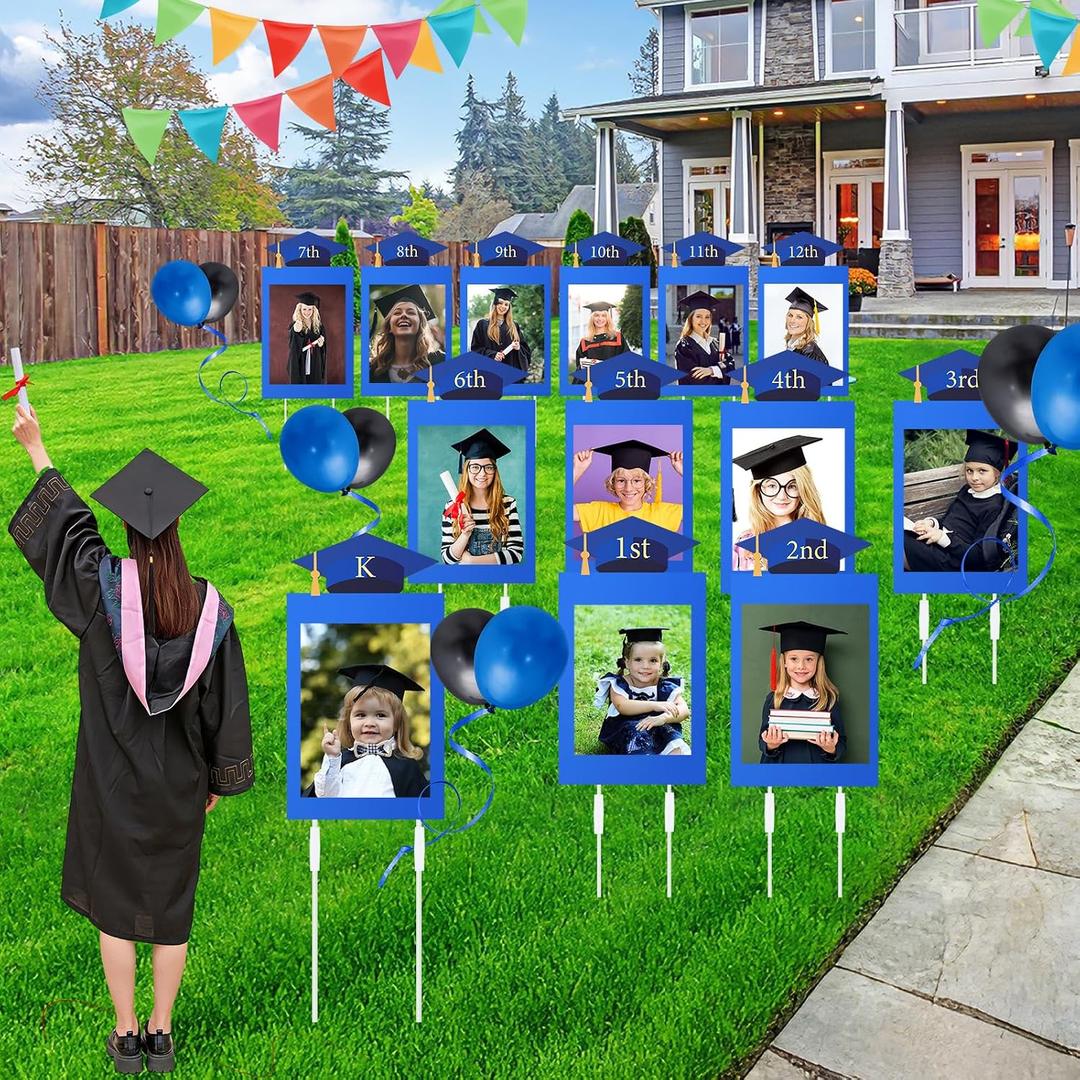 13 Pcs Large K-12 Graduation Photo Yard Signs with Stakes, Class of 2026 Outdoor Graduation Decoration Party Decor, Supports Photos up to 12 X 18, Kindergarten Through Senior School Grade(Blue)